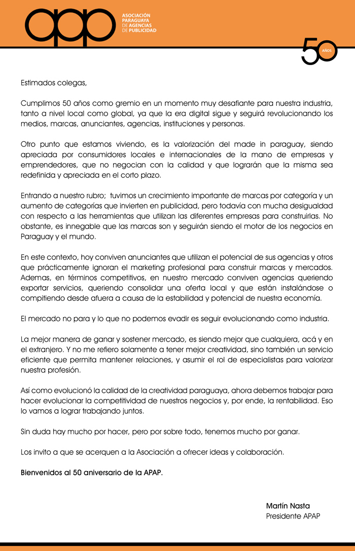 Carta del Presidente de la APAP